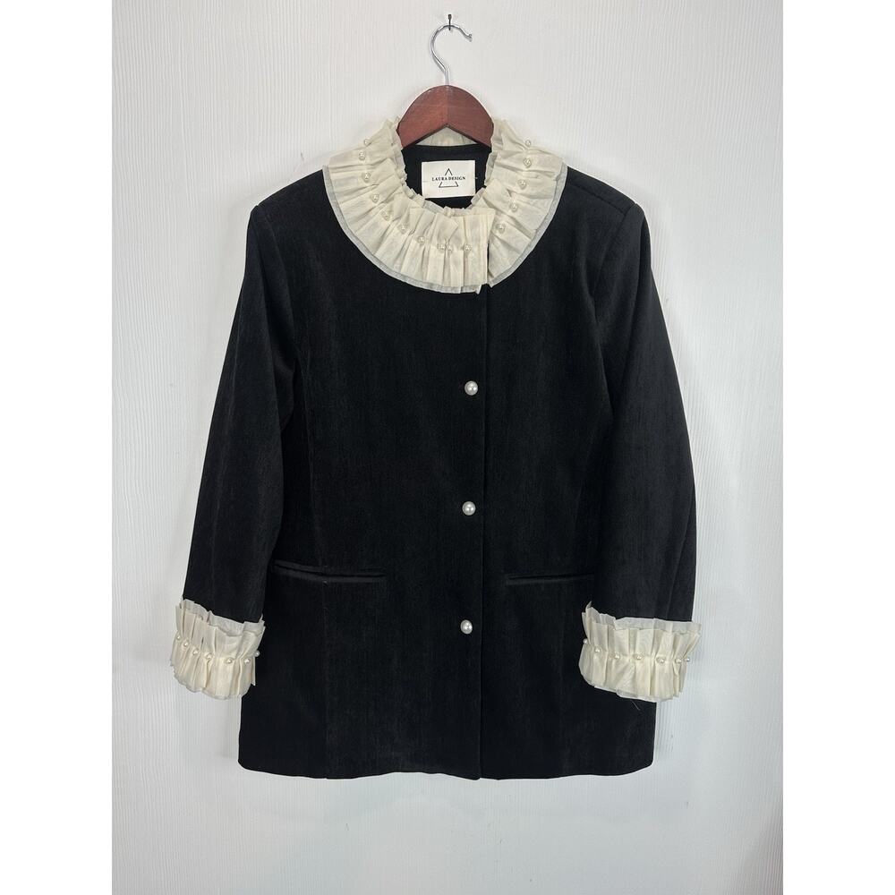 Laura Design Women’s Black Velvet Jacket White Ruffled Collar and Cuffs Pearl